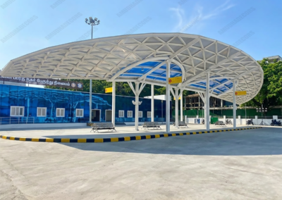 Completed modern steel canopy structure with PEB roofing installed by Amudha Decors in Chennai
