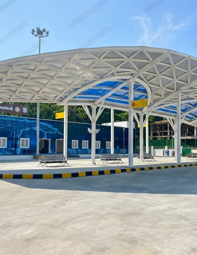 Completed modern steel canopy structure with PEB roofing installed by Amudha Decors in Chennai