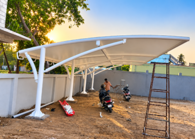 Tensile car parking canopy installation at Kumar, Kalpakkam by Amudha Decors