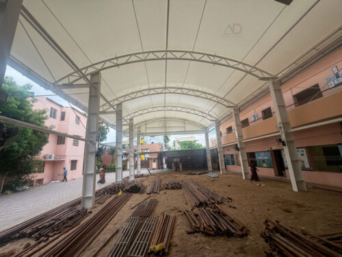 Interior View of Tensile Roofing at Thangamani School | Covered School Assembly Area