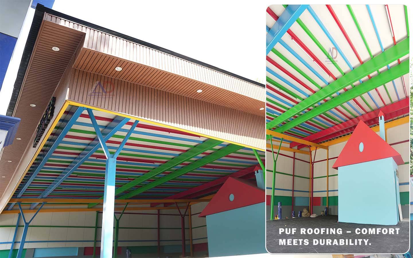 Energy-efficient PUF roofing for school auditorium in Tamil Nadu – Amudha Decors project