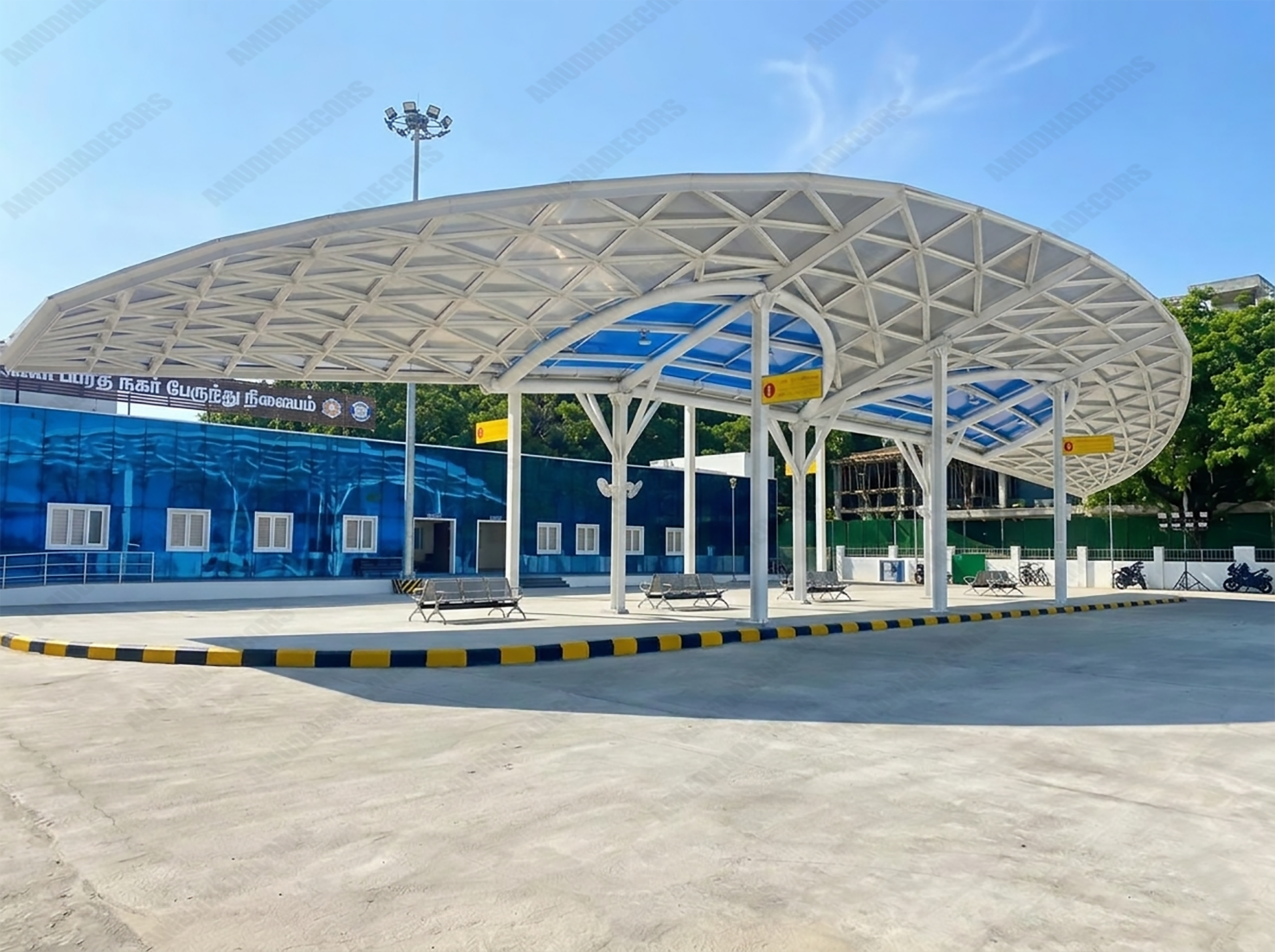 Completed modern steel canopy structure with PEB roofing installed by Amudha Decors in Chennai